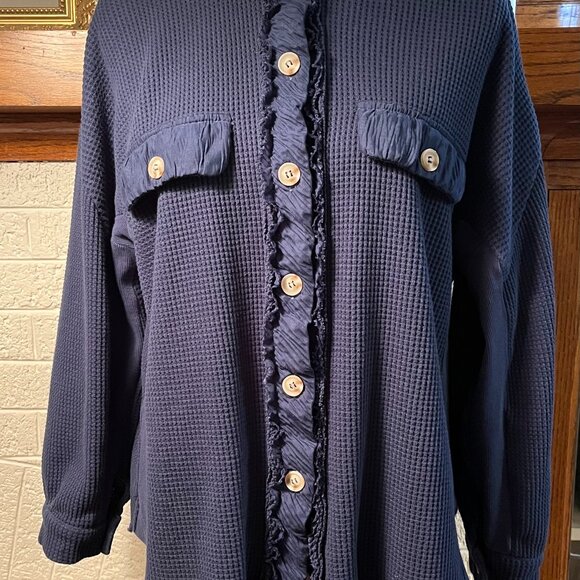 Beautifully Detailed Blue Waffle Knit Cardigan Shirt Jacket Layering Top Size L - Picture 3 of 6